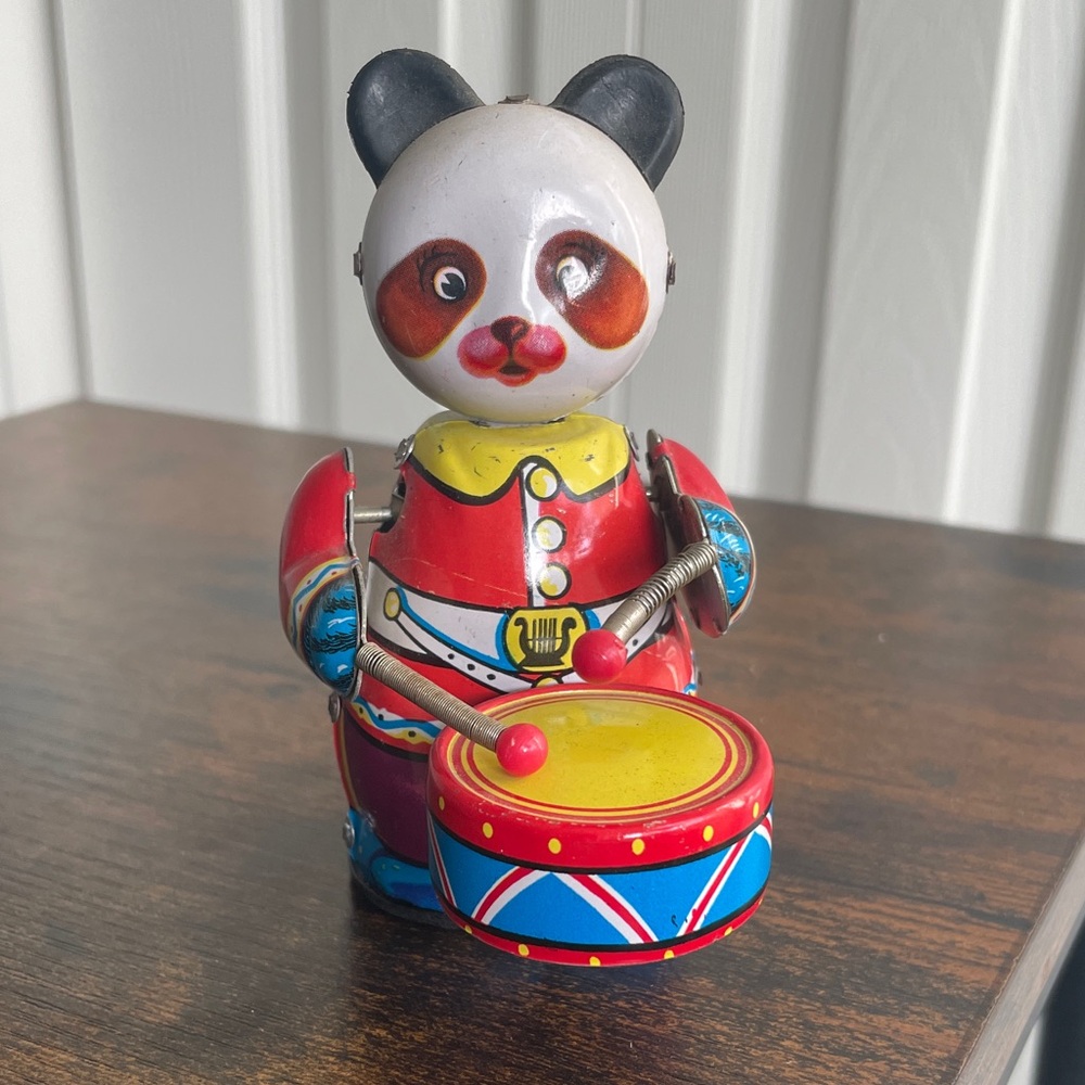 Vintage metal panda drummer wind up toy